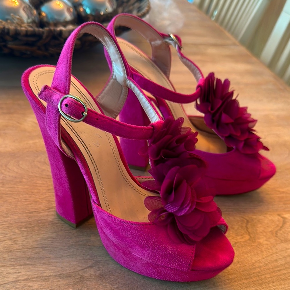 Pink Suede Women's Heels with Floral Detail Size 8